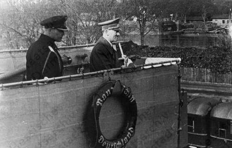 Adolf Hitler on the Deutschland battleship in Swinmünde